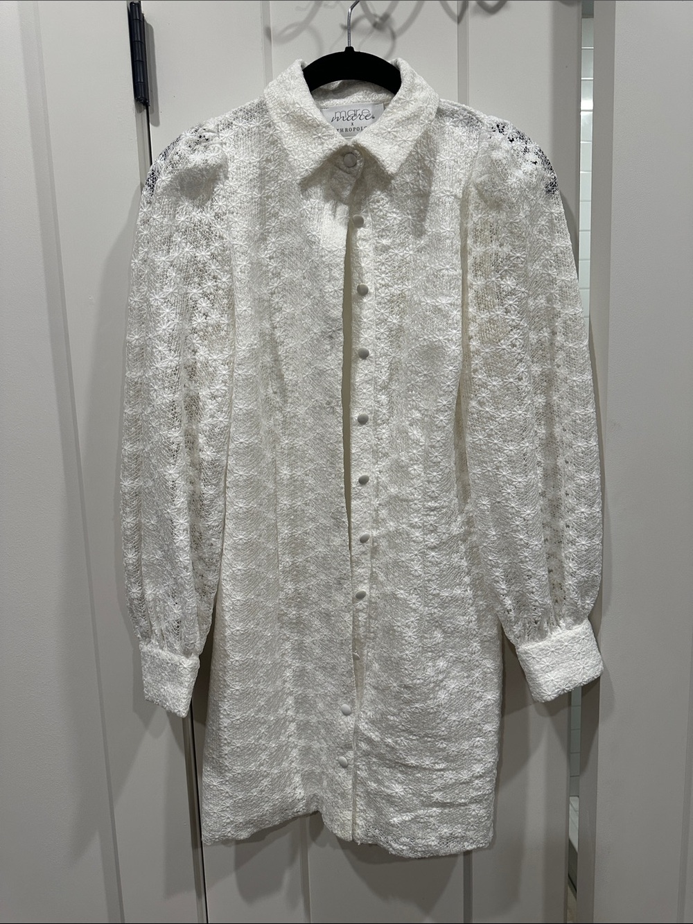 Anthropologie White Lace-Textured Button-Up Dress